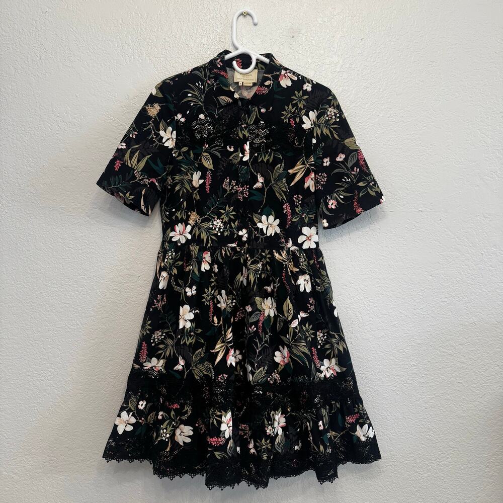 kate spade new york Short Sleeve Black Botanical Mini Dress Lace Trim Size 8 - Picture 4 of 12